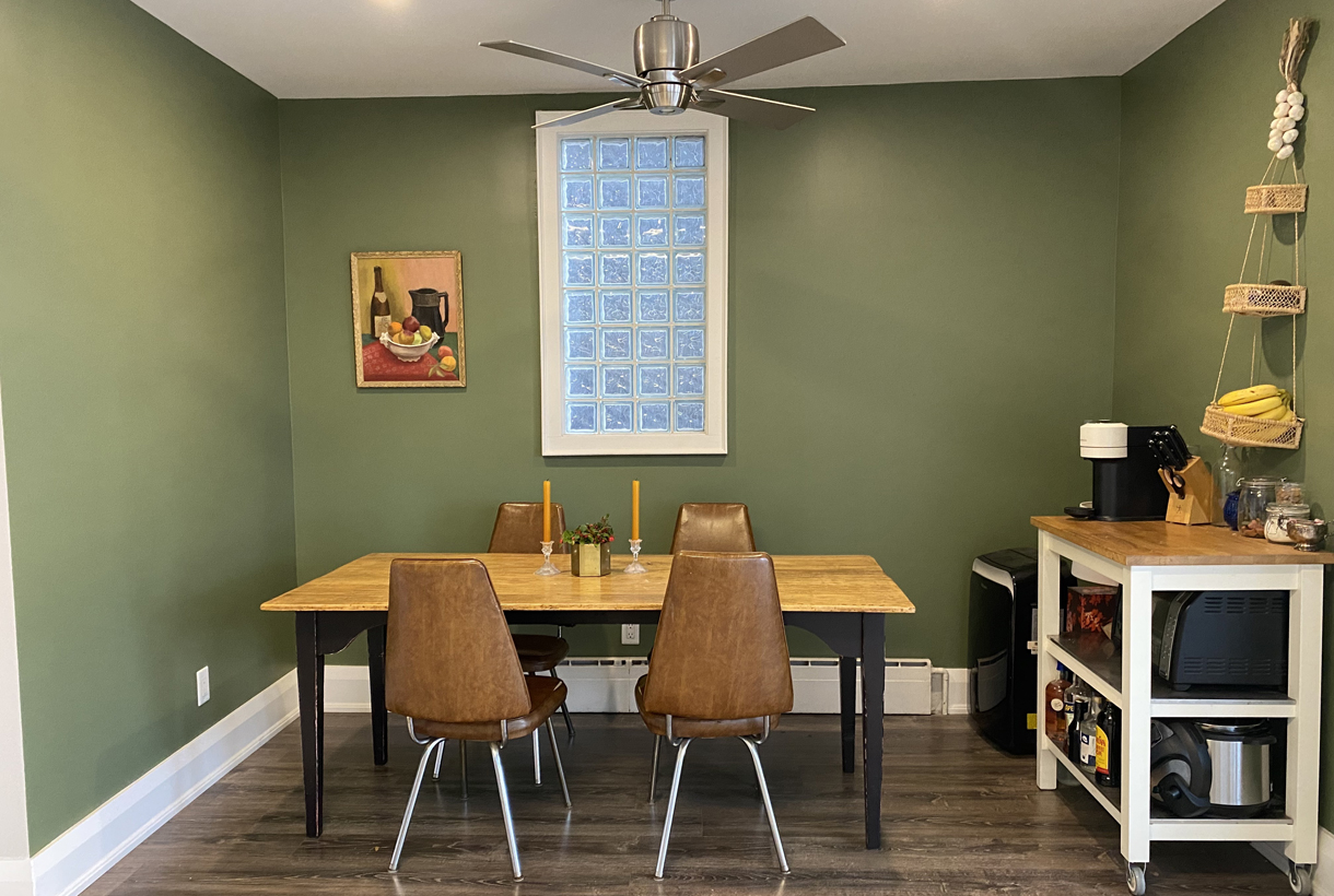 newly painted sage green kitchen
