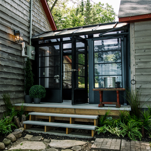 Glass walls between cottage and bunkie