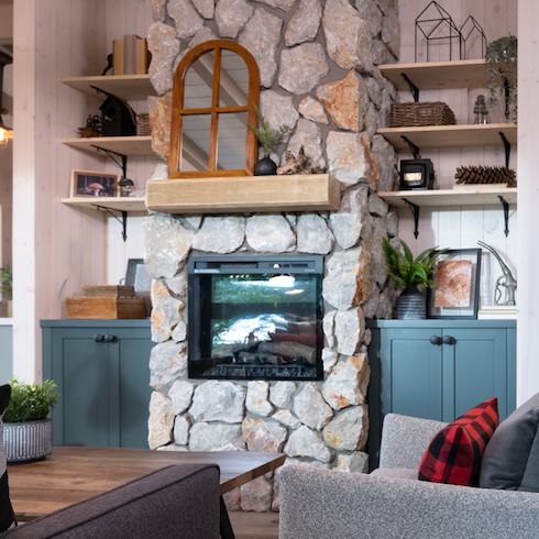 Stone fireplace in Muskoka cottage