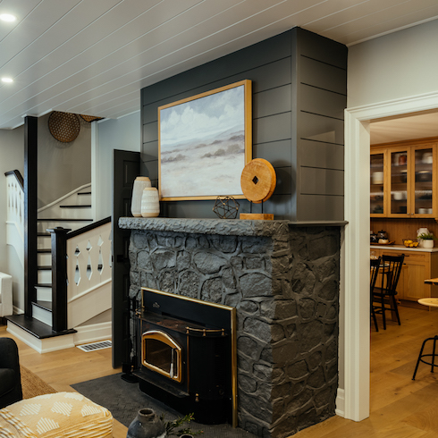 Stone and shiplap fireplace