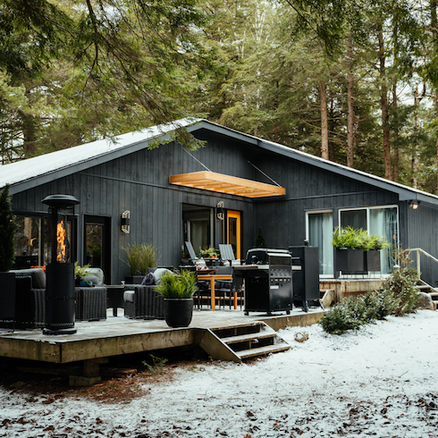 Muskoka cottage exterior in the snowy winter