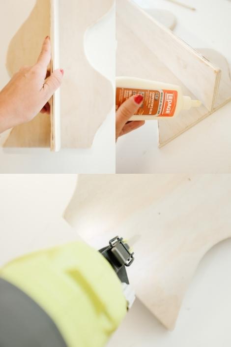 Close-ups of a person making a wavy DIY shelf 