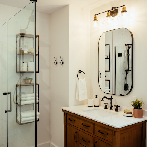 Modern bathroom with wood vanity