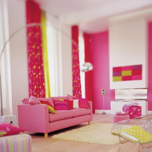 A hot pink and lime green Barbiecore home interior