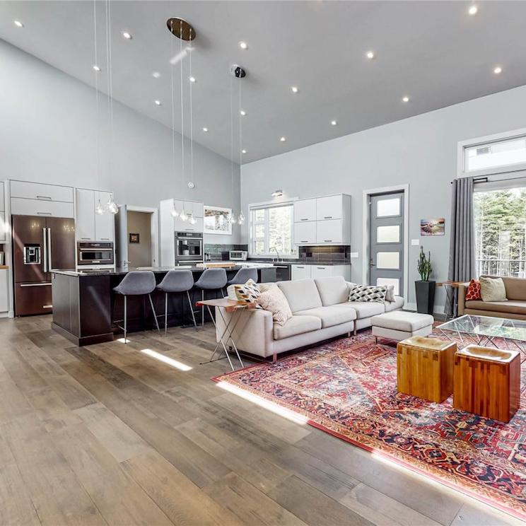 Modern interior kitchen and living space with soaring ceilings