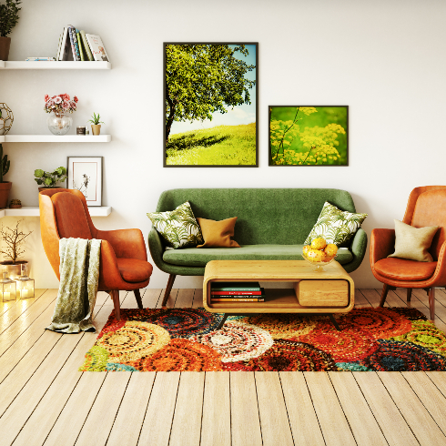 A 70s-inspired living room with low midcentury modern furniture