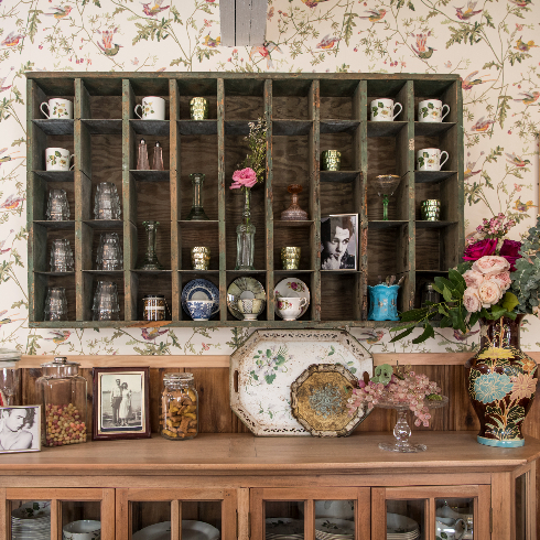 An open display shelf in the front room at The Roadhouse