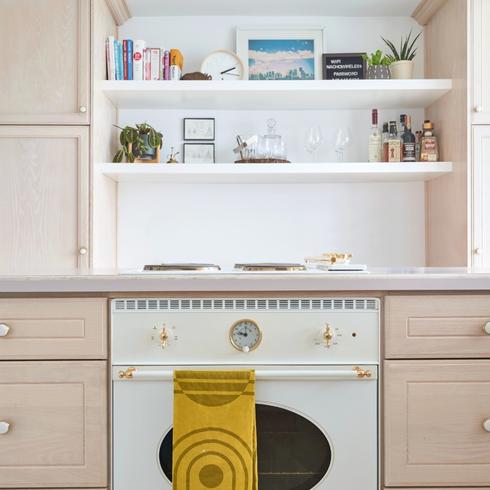 Shelves in warm wood modern kitchen