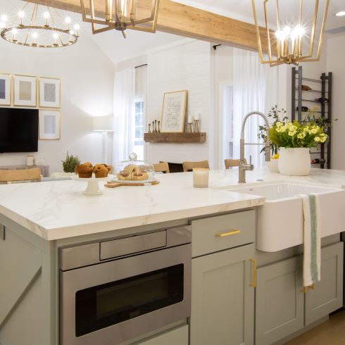 Bright light kitchen with large exposed beam