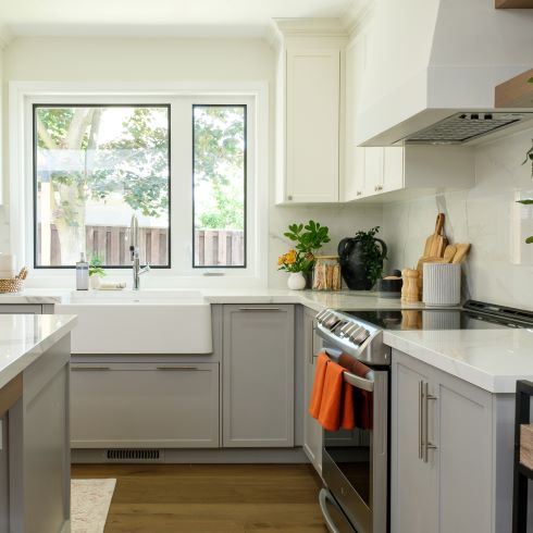 light open kitchen with light grey tones