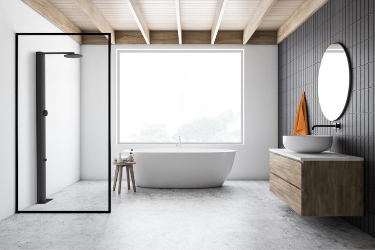 Minimalist walk-in shower with rainstick