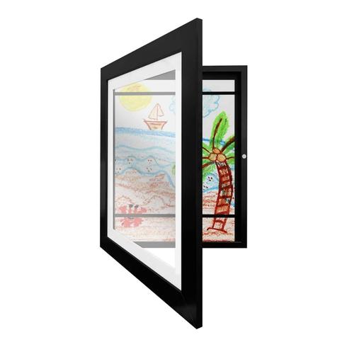 A black framed display with kids artwork