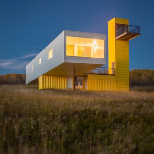 Shipping container Airbnb lit up