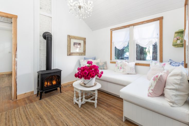 Bright seating area with large white sectional