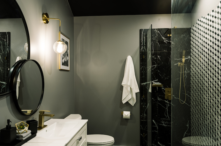 Dark bathroom with double walk-in shower