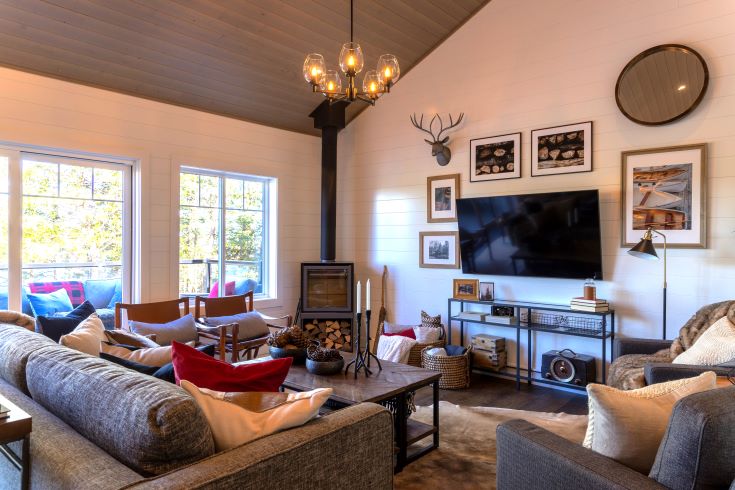 Cozy cabin living space with wood stove