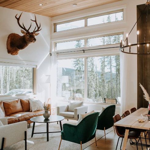 The modern Scandanavian living room in the cozy coal cabin