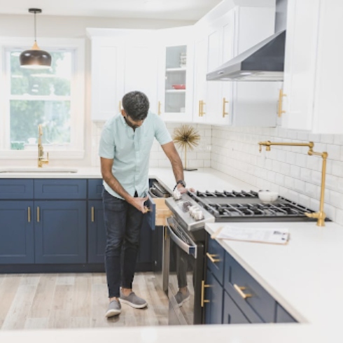 Kitchen with brass hardware