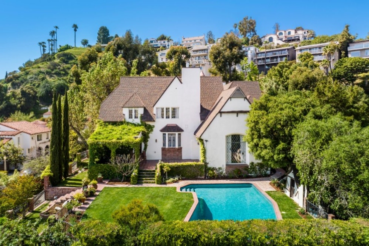 The swimming pool and grounds outside the Disney house in Los Feliz, Los Angeles