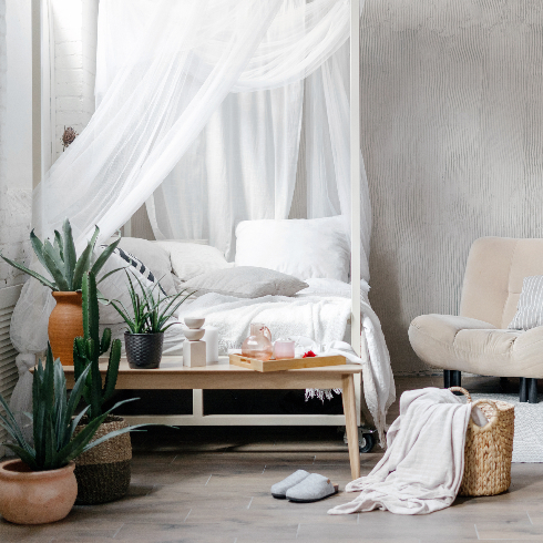 Bedroom in boho chic style with canopy over bed, white bedding, cushions and pillows, armchair, home decor and succulent house plants in flower pots on wooden bench. Scandinavian interior design