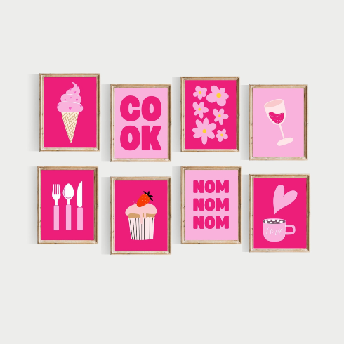 Eight hot pink barbiecore prints for a kitchen