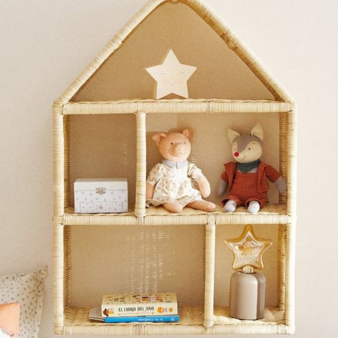 Rattan house-shaped bookshelf.