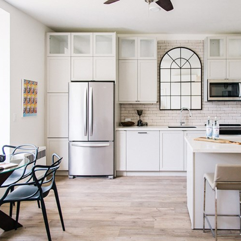 Kitchen flooring and arched window