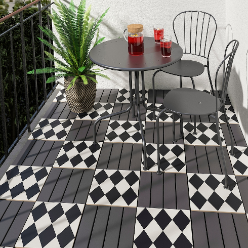 A modern checkered and gray patio flooring