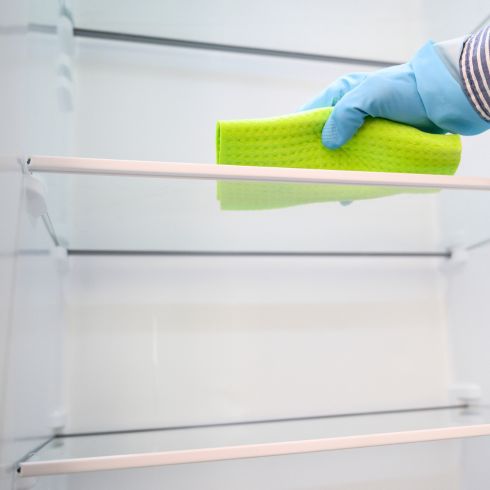 empty fridge being cleaning with sponge