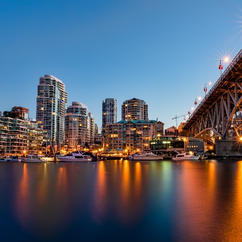 The Vancouver waterfront and skyline at dusk