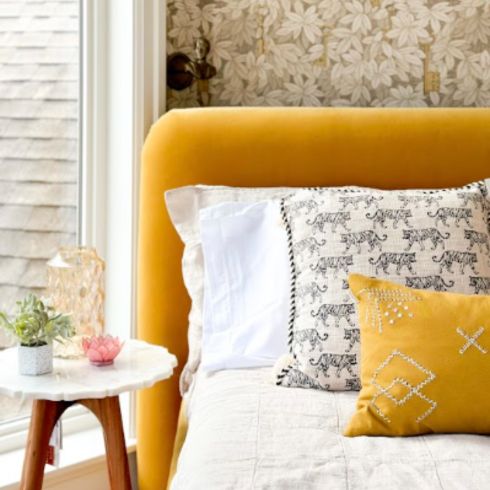 Bedroom with velvet mustard accents