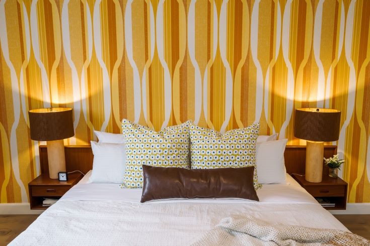 Bedroom with funky vintage feature wall