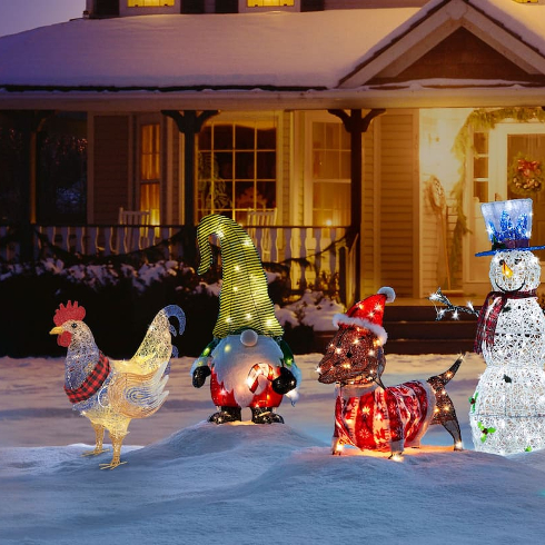 Outdoor Holiday Lighting Trends - Light-up holiday sculptures on a front lawn