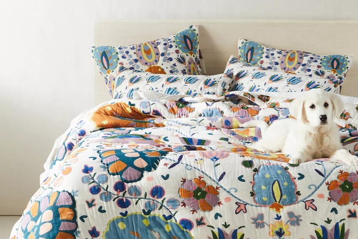 Floral quilt on the bed with a dog. 