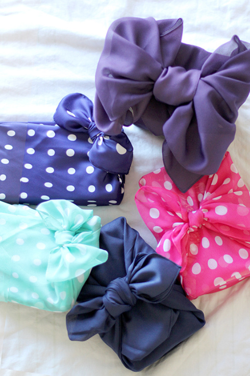 Various presents are wrapped using furoshiki gift wrap