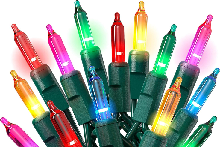 A closeup of multi-coloured string lights