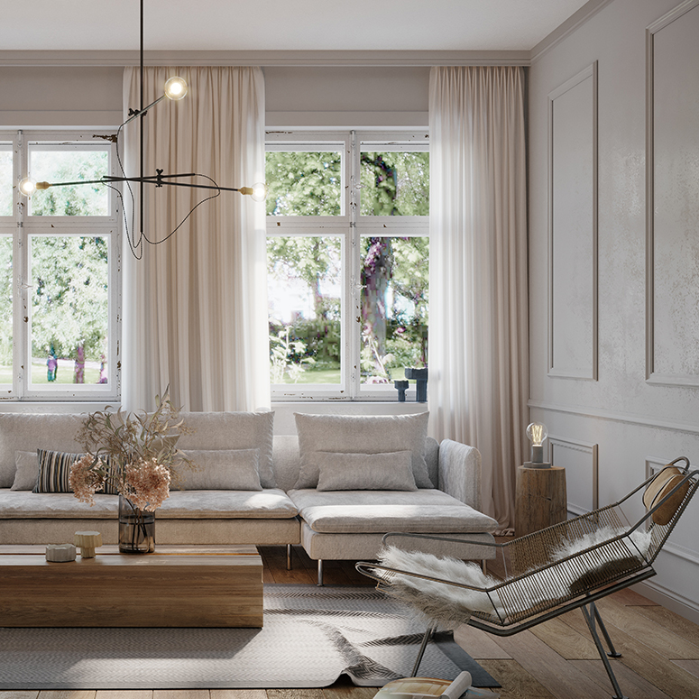 Luxury living room with white sofa, armchair, coffee table, two big windows and baseboard on the wall. 3d render image.