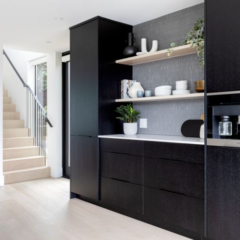 Black beverage station in kitchen