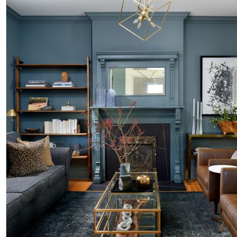 Dark and moody living room with fireplace