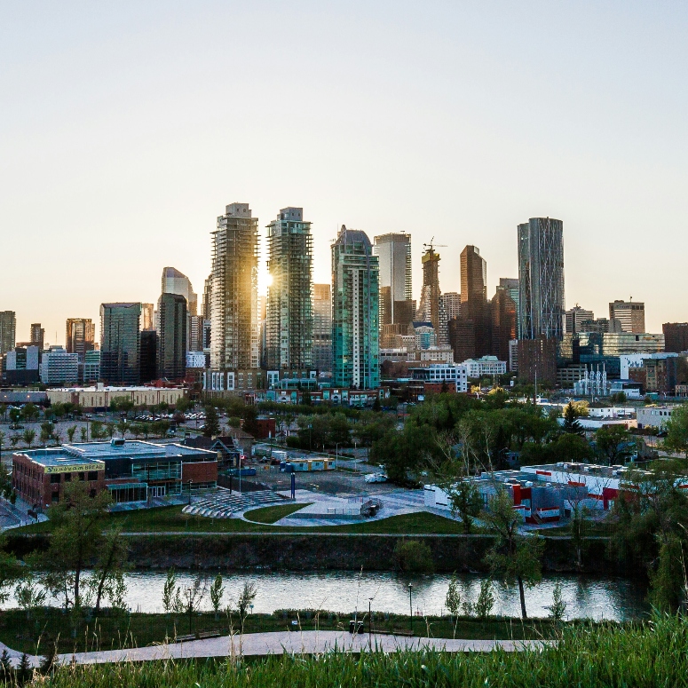 The Downtown Calgary skyline on a sunny day.