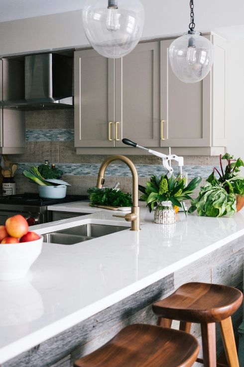 Greige cabinets in kitchen