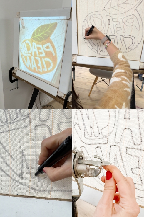 Drawing the outline for a DIY peach bath mat