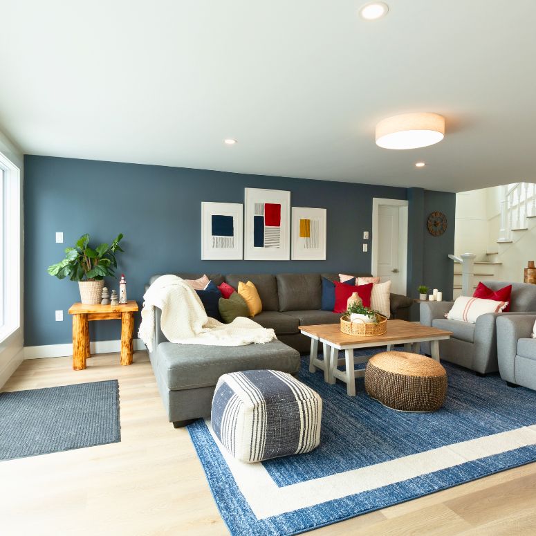 Blue accents in a bright cottage living room