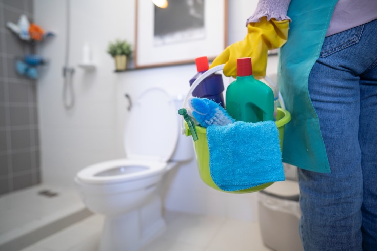 Person cleaning a bathroom