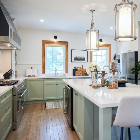 kitchen with chairs and island counter