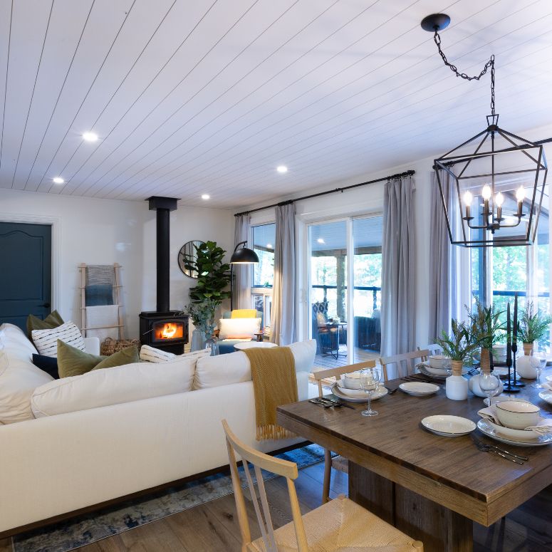 Bright cottage with rustic wood dining table