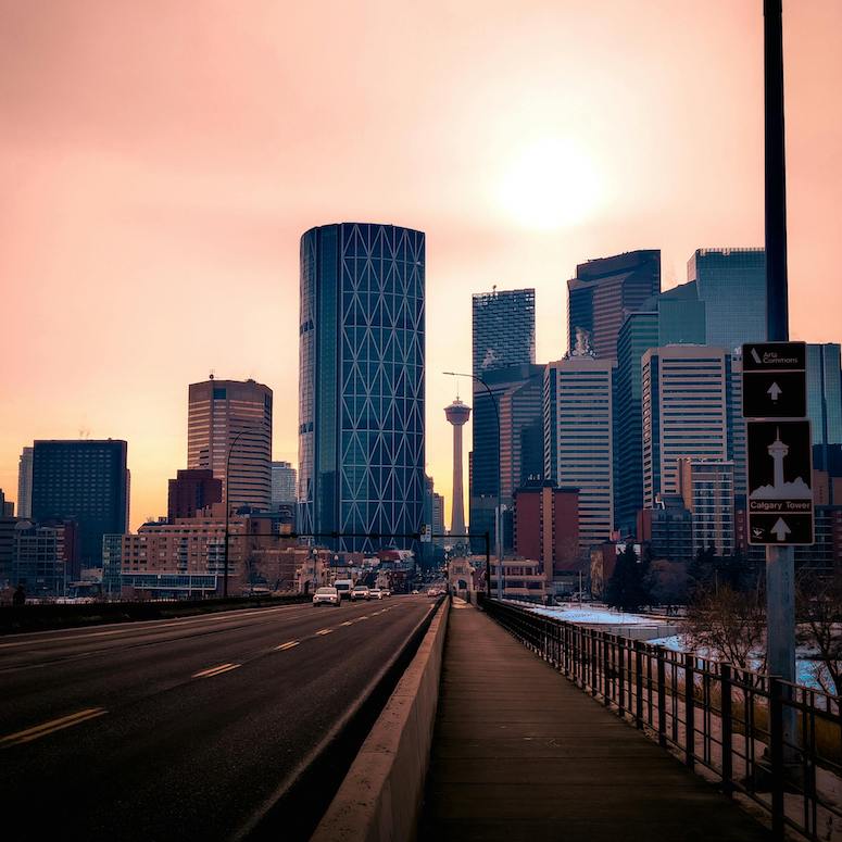 Skyline of a Canadian city during sunset