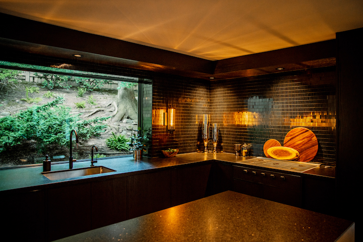 Black kitchen with large picture window