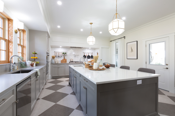 Updated ranch kitchen with large island and grey details