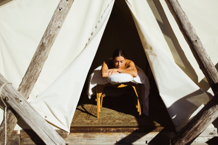 A waterfront massage tent at The Healing Grounds Spa in British Columbia